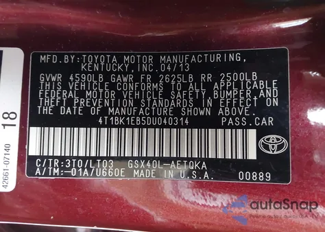 2013 Toyota Avalon Xle Touring from USA, damaged, VIN 4T1BK1EB5DU040314
